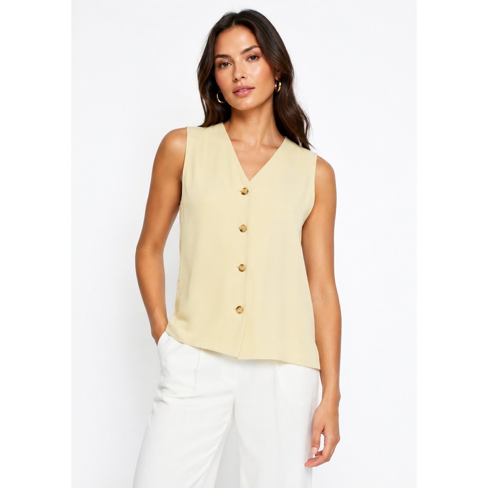 Neiman Marcus Womens Pale Yellow 100% Silk Button Front Sleeveless Vest Top 10